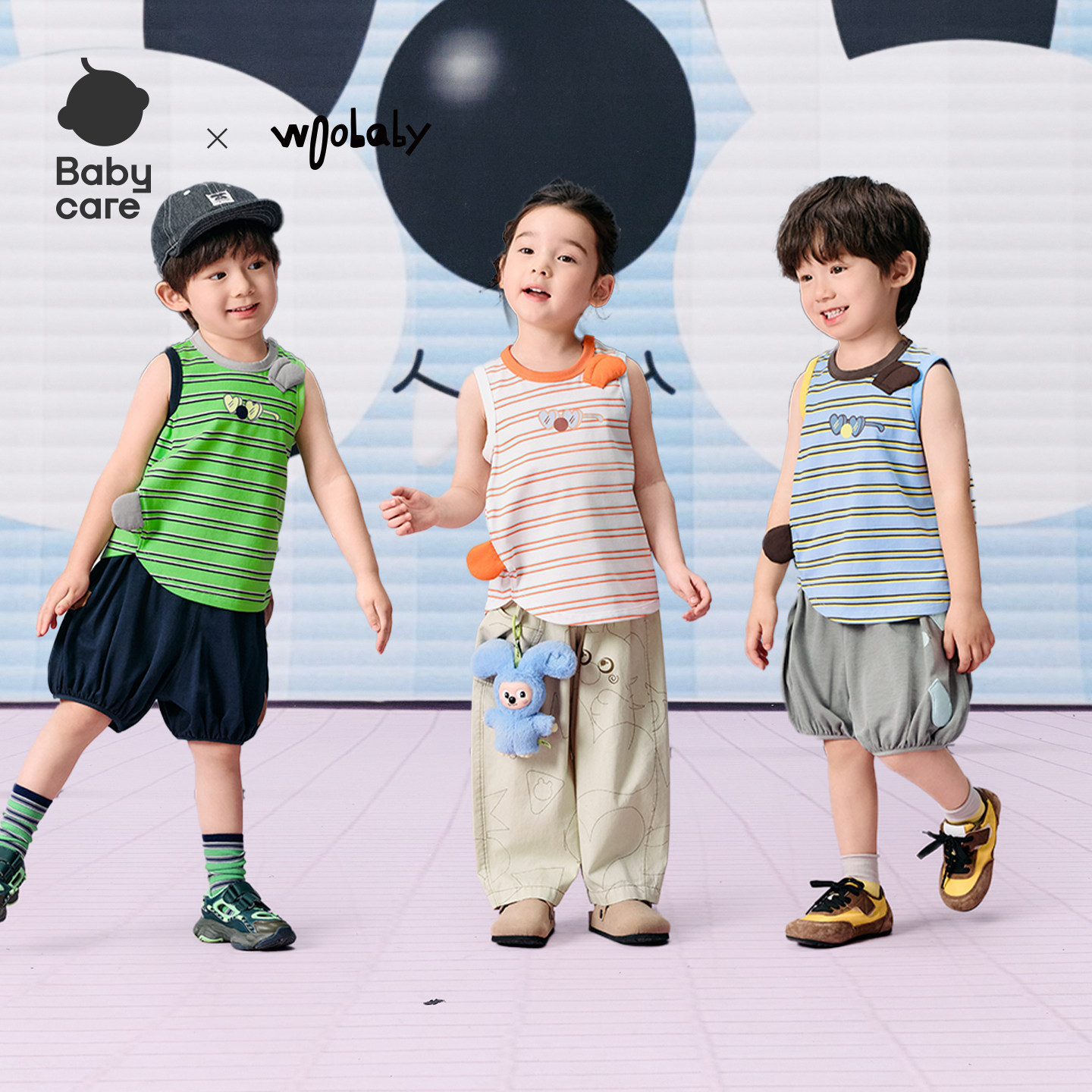 babycare×woobaby儿童背心撞色条纹萌趣立体造型宝宝上衣26夏