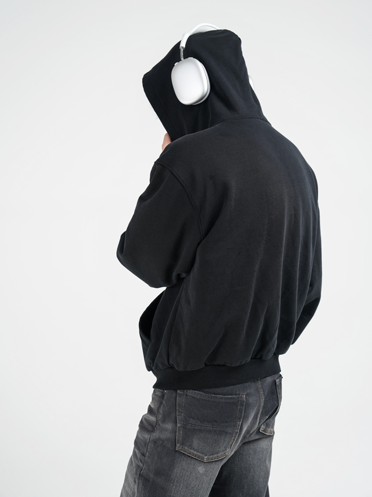 GREMADE “vintage hoodie”复古黑打褶工艺轻微磨破短款拉链卫衣 - 图1