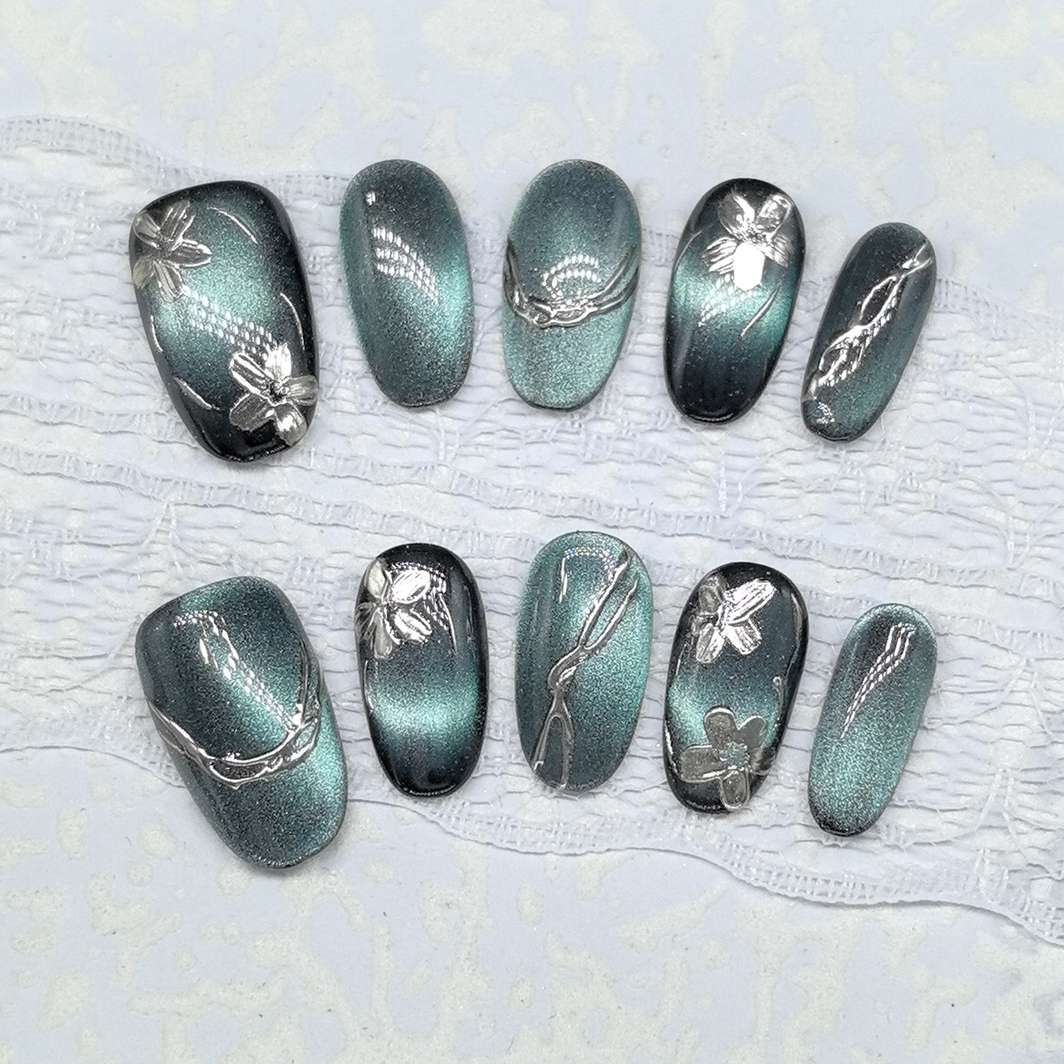 原创【玉荷塘】高级中国风轻奢美甲贴片气质猫眼显白手工穿戴甲,淘宝优惠券,粉丝福利购,淘宝优惠卷