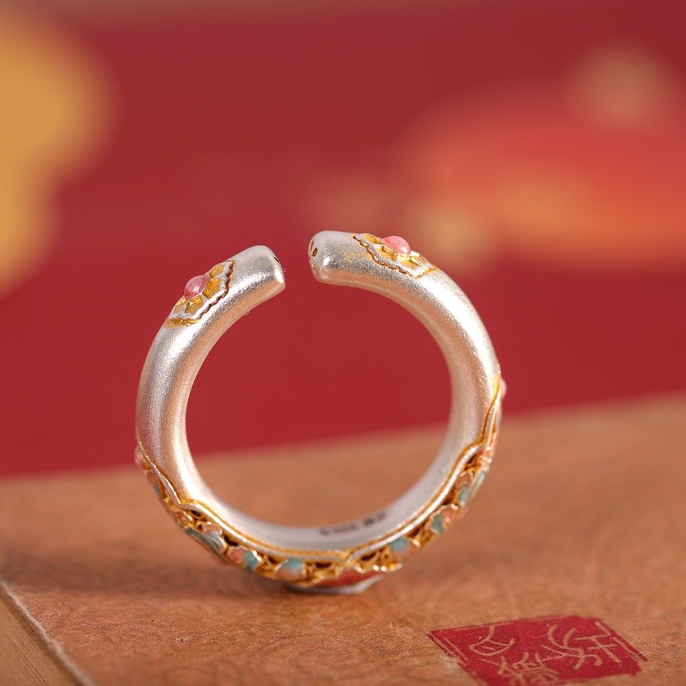 Sea of Flowers pure silver 9999 enamel colorful crabapple blossom sterling silver ring national style new Chinese style versatile ring gift