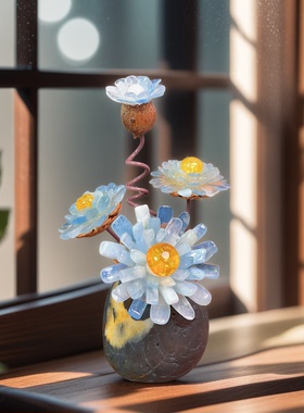 天然海蓝宝花朵桌面摆件治愈系