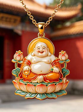 莲花弥勒佛珐琅彩吊坠项链平安