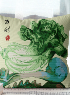 正品精准印花十字绣抱枕三面开口枕套新款线绣手工自绣白菜百财图