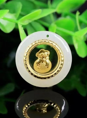 999足金4D立体金镶玉黄金时来运转观音佛福袋天使挂件天然和田玉