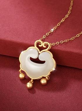 S925古法银如意锁银镀金吊坠和田玉黄金色宝宝满月长命锁生日礼