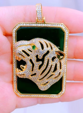 S925古法银镶和田玉墨玉虎牌满钻霸气气质时尚925银吊坠个性银饰