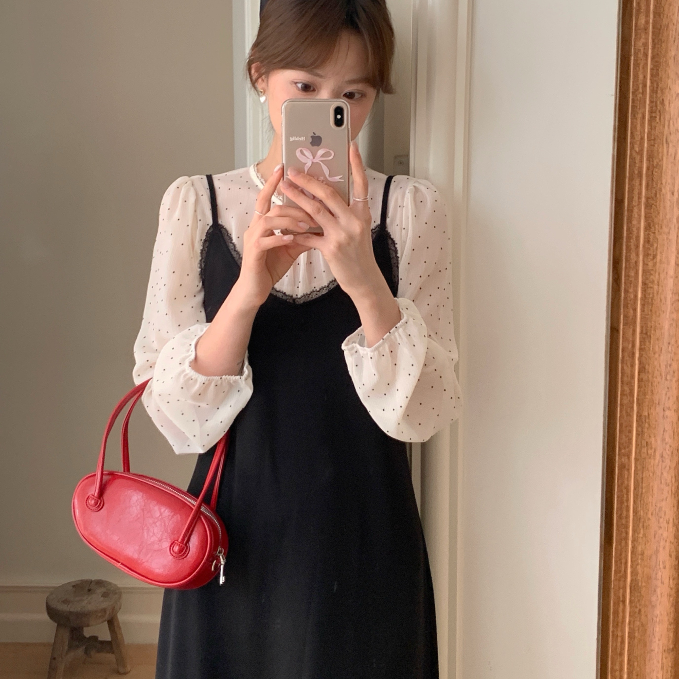 糖果儿大码韩版百搭减龄波点衬衫V领拼接蕾丝花边连衣裙时尚套装 - 图1