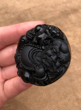 天然黑曜石圆牌达摩祖师证书吊坠