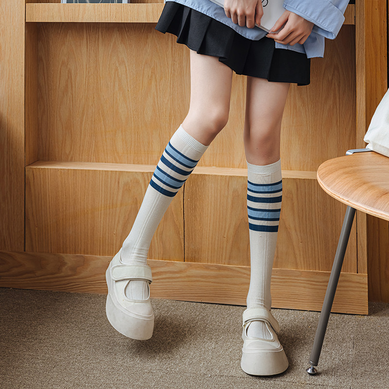 蓝色jk小腿袜女春夏日系学院风甜美长筒袜子条纹显瘦及膝高筒棉袜,淘宝优惠券,粉丝福利购,淘宝优惠卷