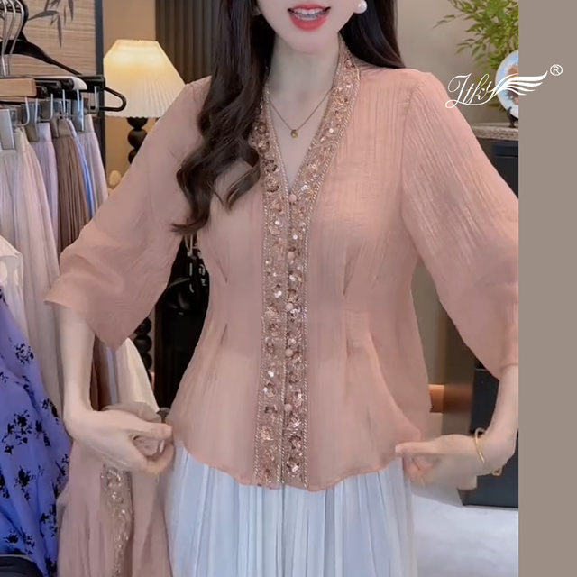 ເສື້ອຢືດ chiffon ຄໍ V-neck pleated ແບບຝຣັ່ງ niche