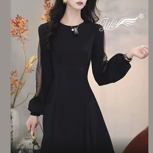 法式秋冬款洋气百搭小黑裙高级感千金风收腰显瘦韩版气质中长款裙 - 图0