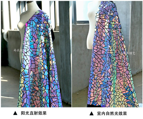 设计师激光刺绣几何多边幻彩拼接亮片绒布料镭射炫彩服装网红背景 - 图3