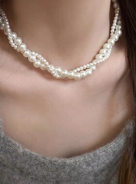 日韩双层缠绕珍珠项链女