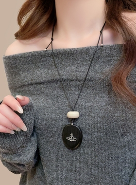 波西米亚复古木质土星吊坠项链