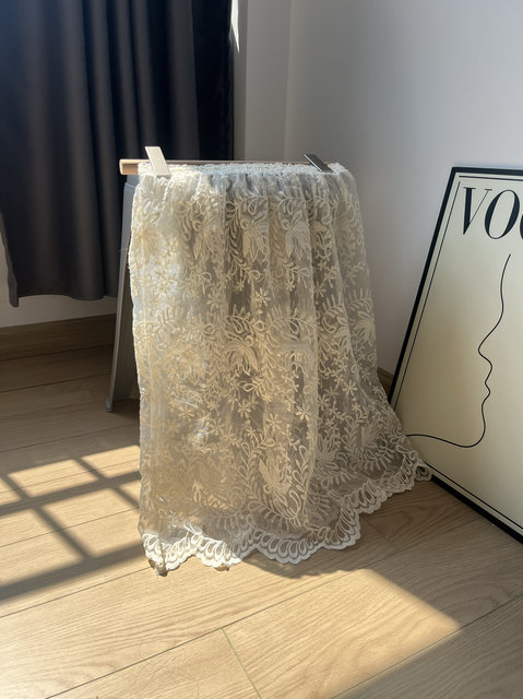 Retro see-through hollow lace skirt for women summer new layered niche mid-length elastic waist mesh skirt