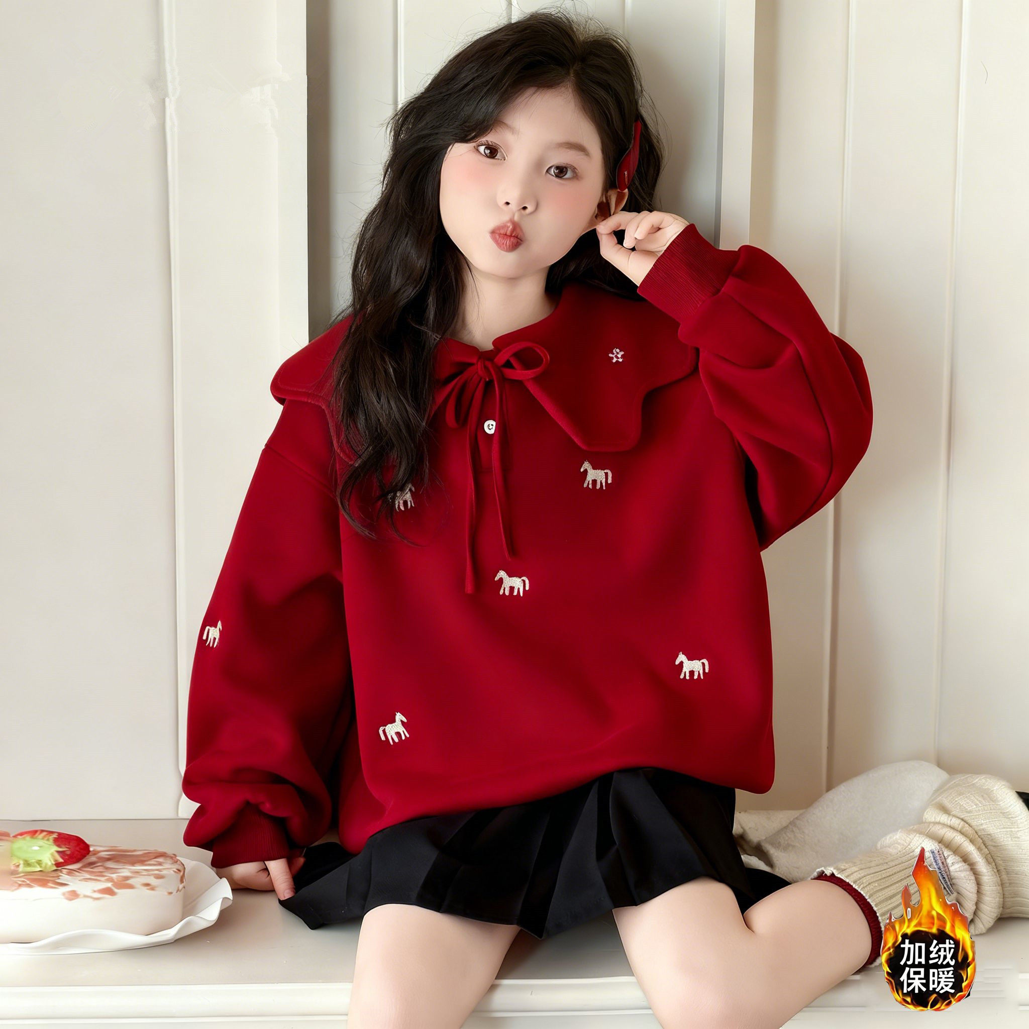 甜美女童绣花小马卫衣2026加绒加厚本命年拜年服上衣娃娃领公主风,淘宝优惠券,粉丝福利购,淘宝优惠卷