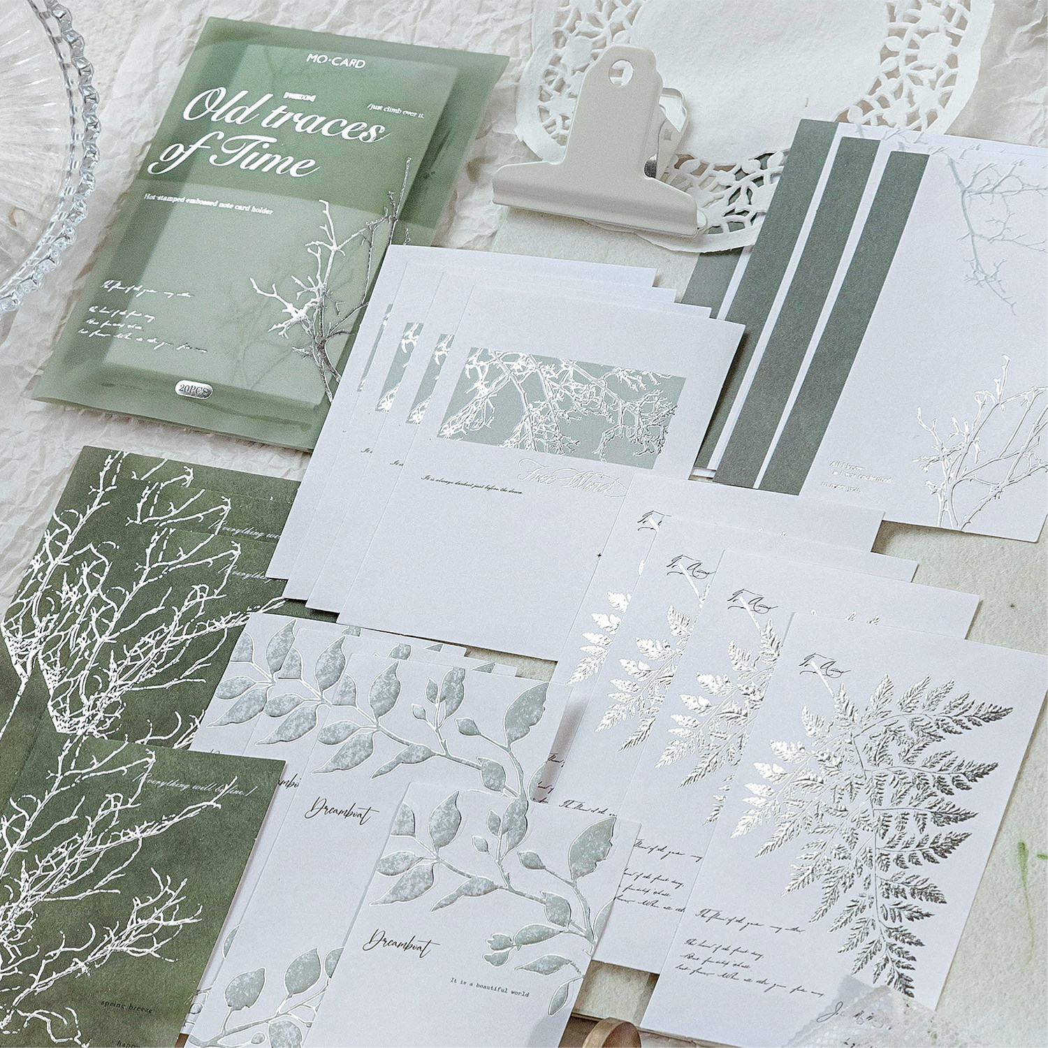 All things are as silent as a fan. Hot-rolled silver relief embossed notebook note paper, retro English notebook collage base material paper