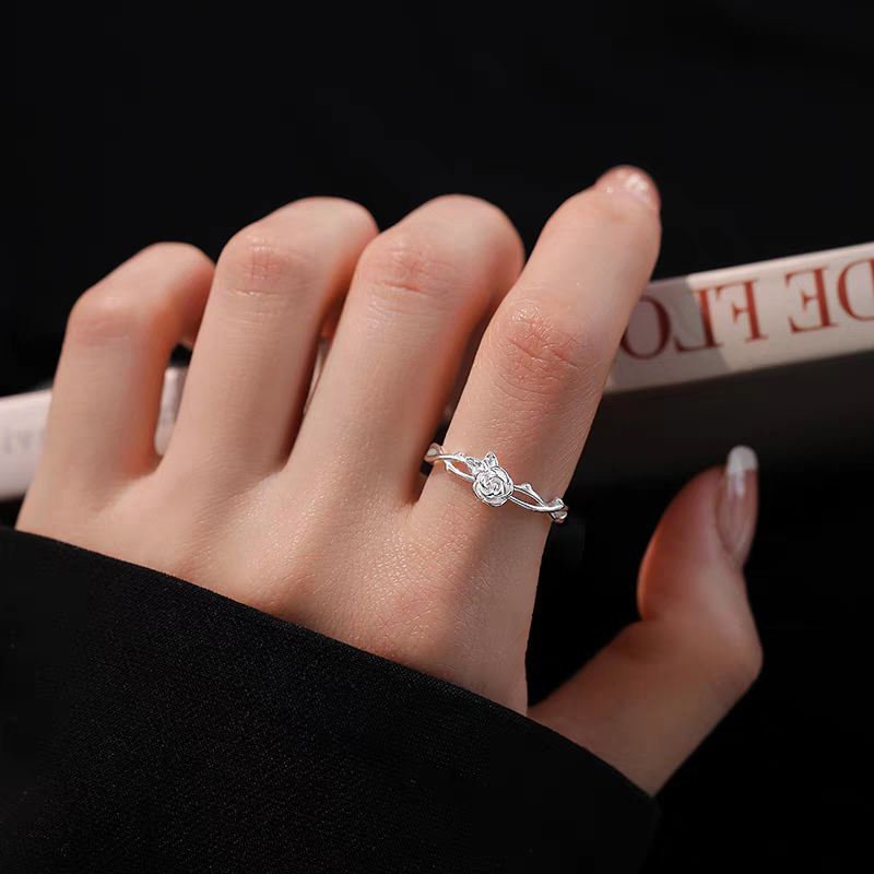 Pure silver rose ring for women, adjustable ins niche design, fashionable and simple open ring