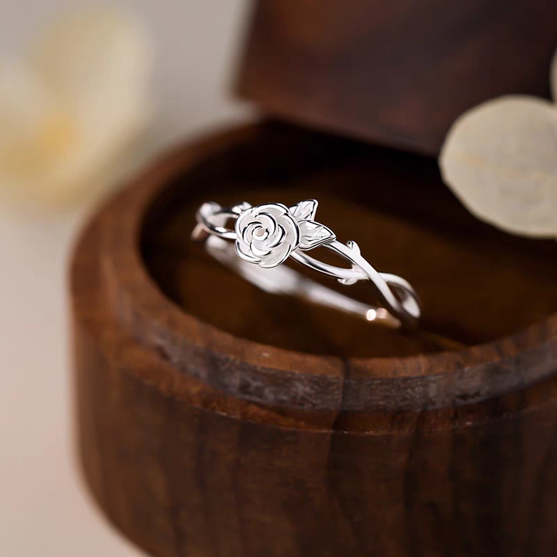 Pure silver rose ring for women, adjustable ins niche design, fashionable and simple open ring