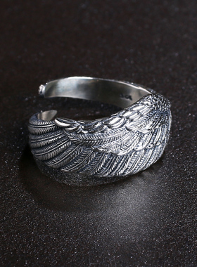 高桥吾郎风格复古天使女羽毛戒指