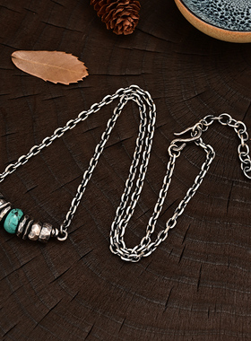 999足银复古手工捶打银盘缠纯银绿松石转运珠潮人项链锁骨链男款