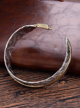 手工潮流个性潮人款高桥吾郎羽毛开口活口925银手镯纯银原创复古