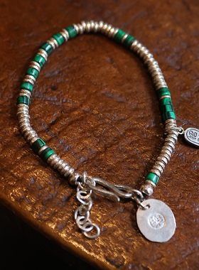 原创手工锤纹捶打孔雀石复古做旧小众叠戴手链手串足银招财女礼物