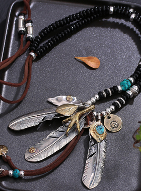 手工银高桥风格羽毛项链男明星同款复古毛衣链男女个性