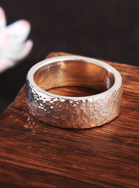 男女纯银复古文艺手工锤纹戒指