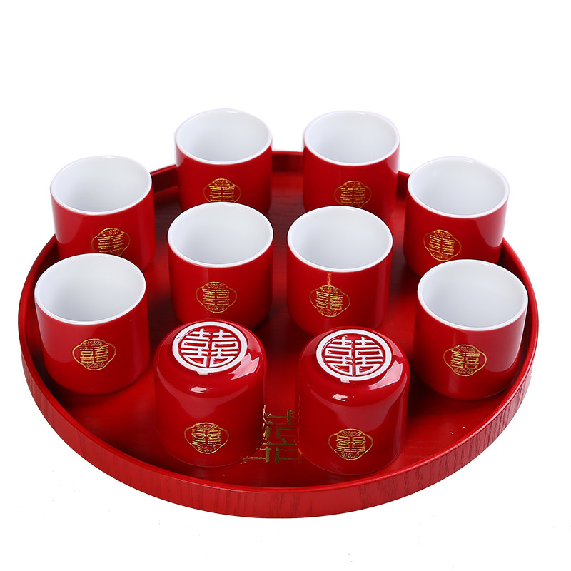 陶瓷单杯结婚茶具新娘敬茶杯功夫品茗杯描金红色双喜中式婚庆托盘,淘宝优惠券,粉丝福利购,淘宝优惠卷