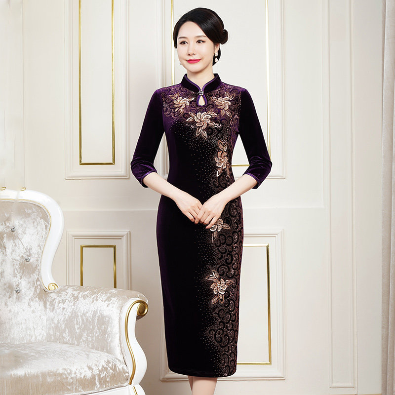 春装妈妈婚宴礼服连衣裙女参加婚礼高端喜婆婆改良旗袍2022年新款