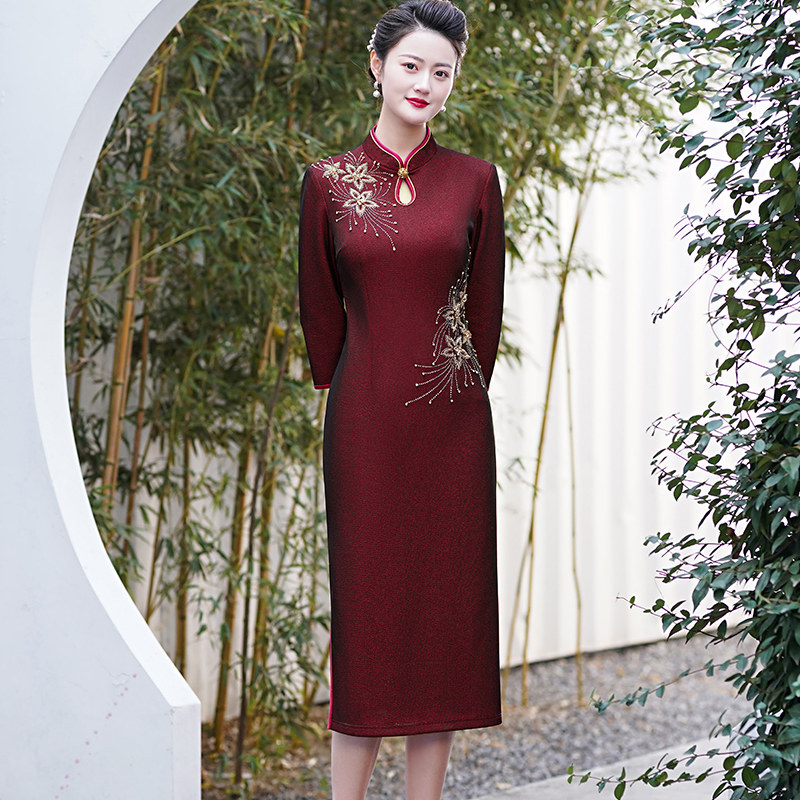 参加婚礼高端喜婆婆改良旗袍女气质妈妈优雅连衣裙2022年春季新款