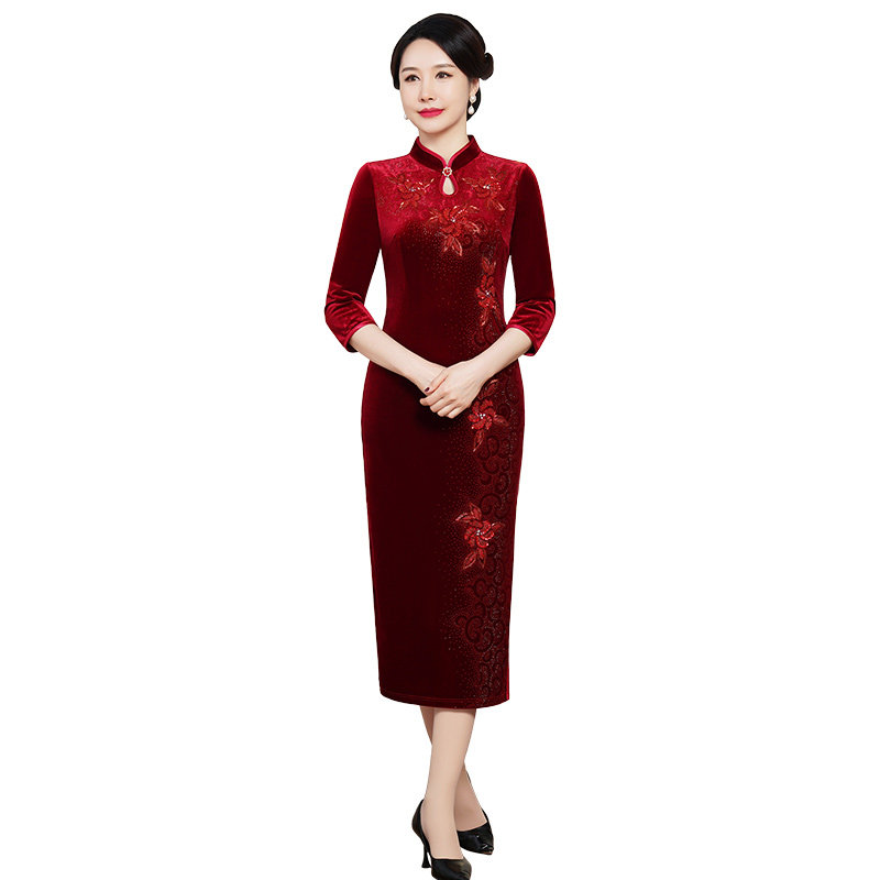 春装妈妈婚宴礼服连衣裙女参加婚礼高端喜婆婆改良旗袍2022年新款