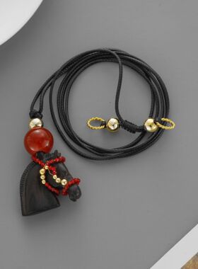 jin家马年马头项链 简约气质感暗黑色可抽拉小马蜡线绳项链