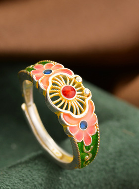 S9999纯银戒指女新中式芍药殿足银指环可调节古风配饰礼