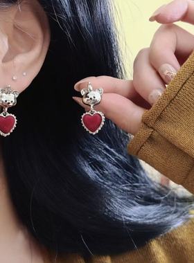 甜美红色植绒爱心小熊项链女小众设计可爱百搭银针耳环锁骨链