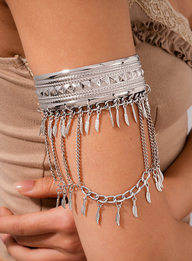 欧美跨境方形羽毛树叶流苏开口手镯个性夸张手环轻奢感手饰女