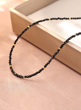天然黑色尖晶石小金球串珠项链轻奢感时尚气质通勤百搭锁骨链