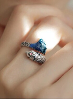 国潮复古珐琅彩鲤鱼跃龙门泰银戒指女国风开口可调节情侣纯银指环