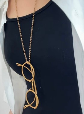 文艺复古做旧眼镜吊坠项链女古金古银眼镜造型挂绳长颈链时髦