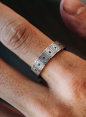 复古风泰银戒指男士潮方块红心黑桃红桃指环感设计戒指