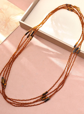 高级感棕红色多层串珠长款项链美拉德时尚个性叠带水晶气质毛衣链