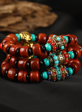 西藏牦牛骨手链复古藏式民族风尼泊尔绿松石文玩手串男女佛珠配饰