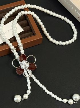 法式多层滴油红色花朵珍珠项链女轻奢感小众时尚气质毛衣链潮