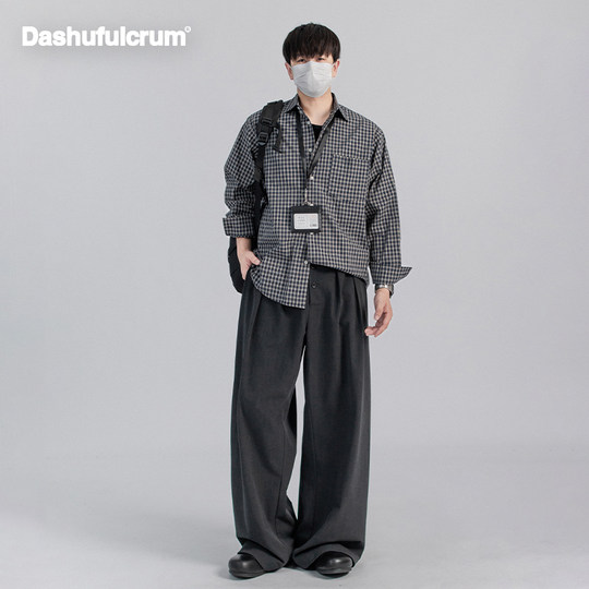 Dashufulcrum日系复古格子纯棉长袖衬衫男女春秋休闲百搭质感衬衣