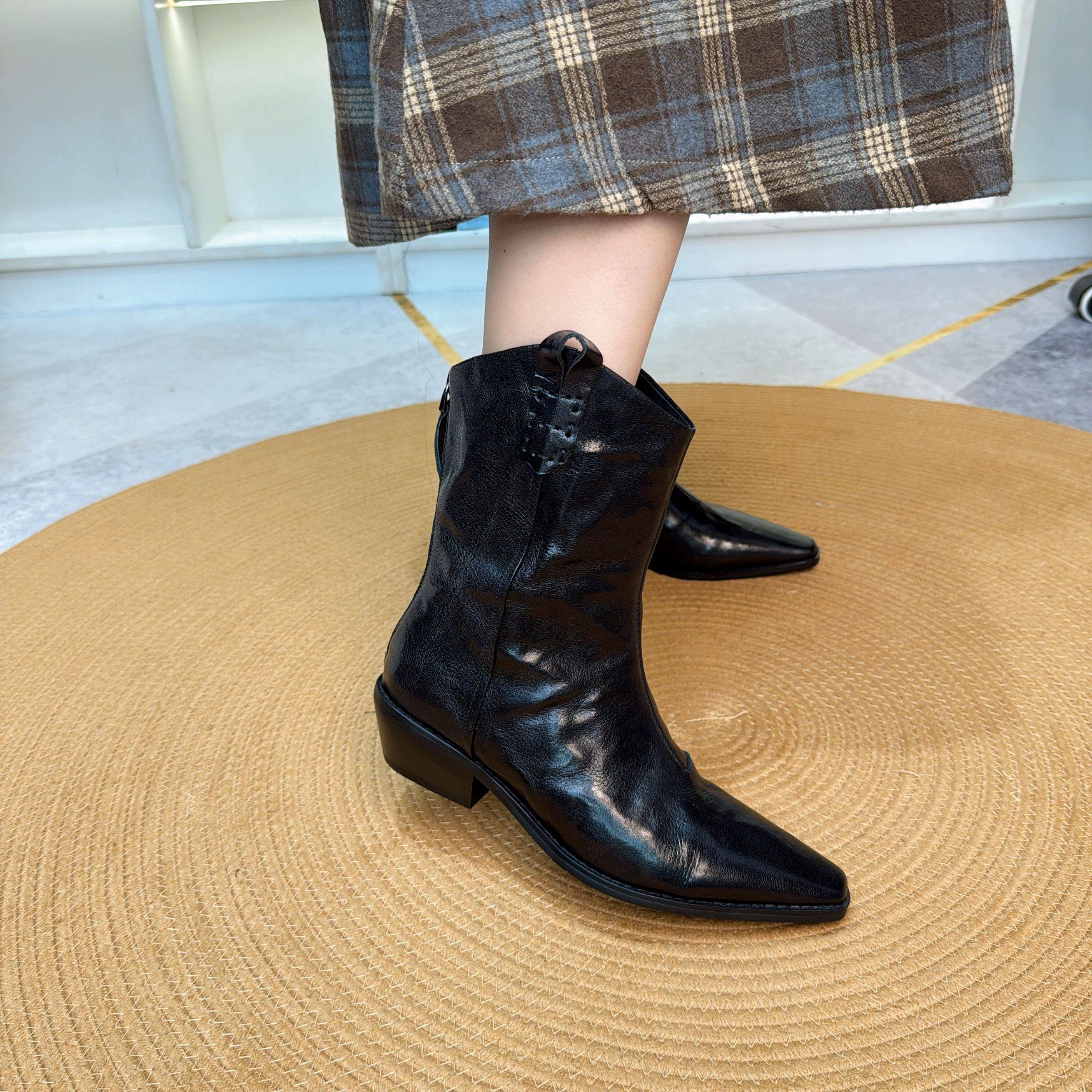 法式复古尖头粗跟短靴女2025秋冬新款真皮V口显瘦中筒西部牛仔靴,淘宝优惠券,粉丝福利购,淘宝优惠卷