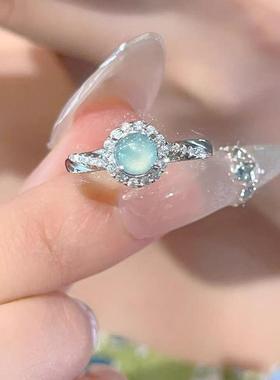 新中式镶钻水蓝蛋面戒指女复古轻奢高级感指环时尚百搭设计食指戒