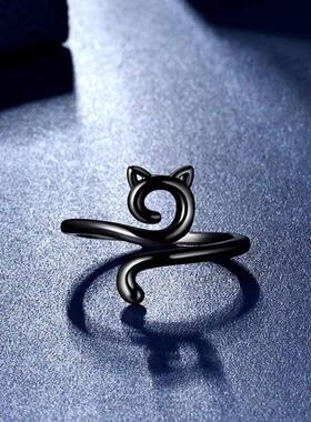 可调节镂空猫咪戒指简约滴油猫钩针带线指环编织钩织尾戒戒指黑色