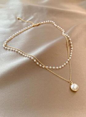 欧美跨境双层珍珠项链轻奢高级感颈链女小众设计感双层女生项链
