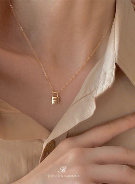 原创欧美小众14K金锁吊坠锁骨链